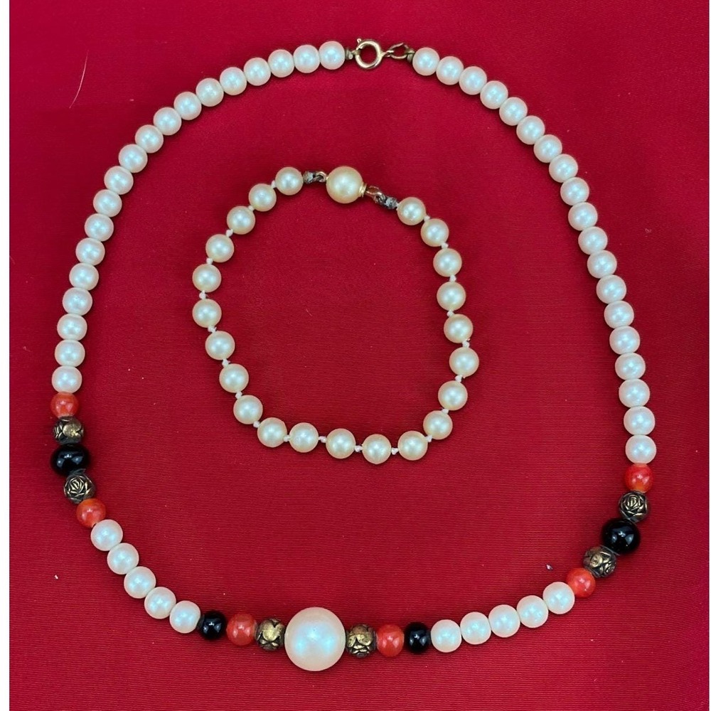 Vintage Faux Pearl Necklace and Bracelet Set Rose Spacers Orange Black